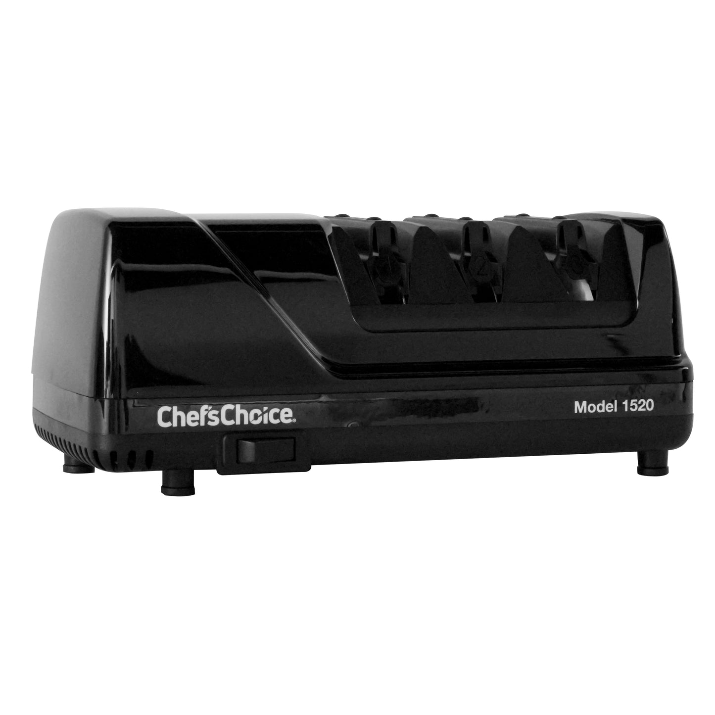 Black electric knife sharpener with angled guides, Chef'sChoice branding, Model 1520