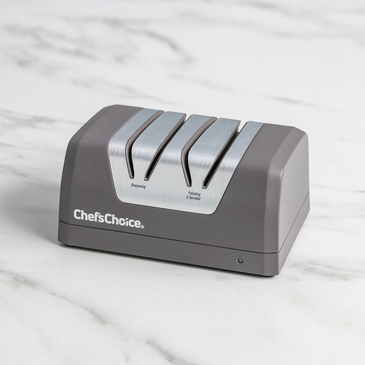 Gray countertop pencil sharpener with two sharpening stages and brushed metal top