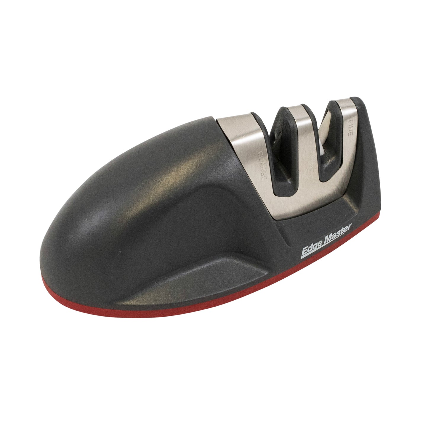 Mini 2-stage knife sharpener with two sharpening slots, black and red base