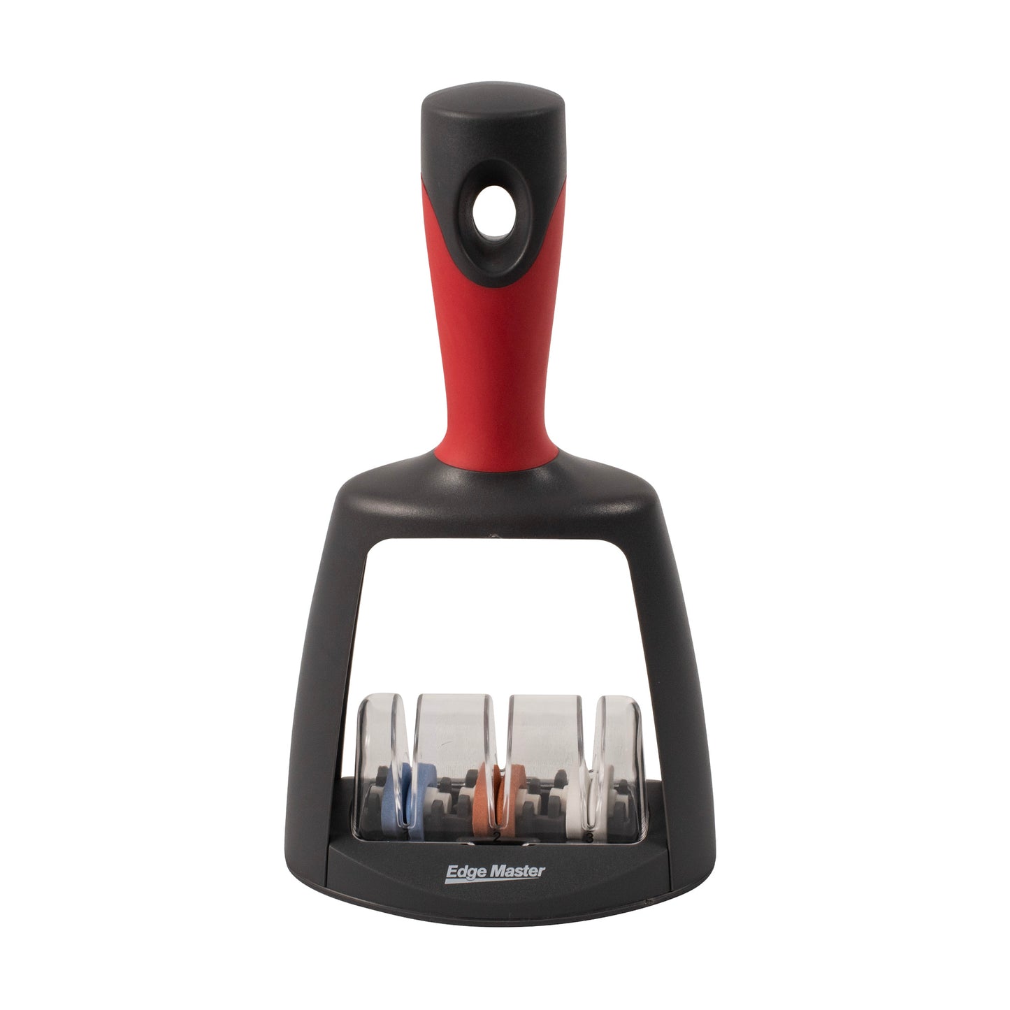3-stage ceramic water sharpener with red handle and exposed sharpening wheel drum