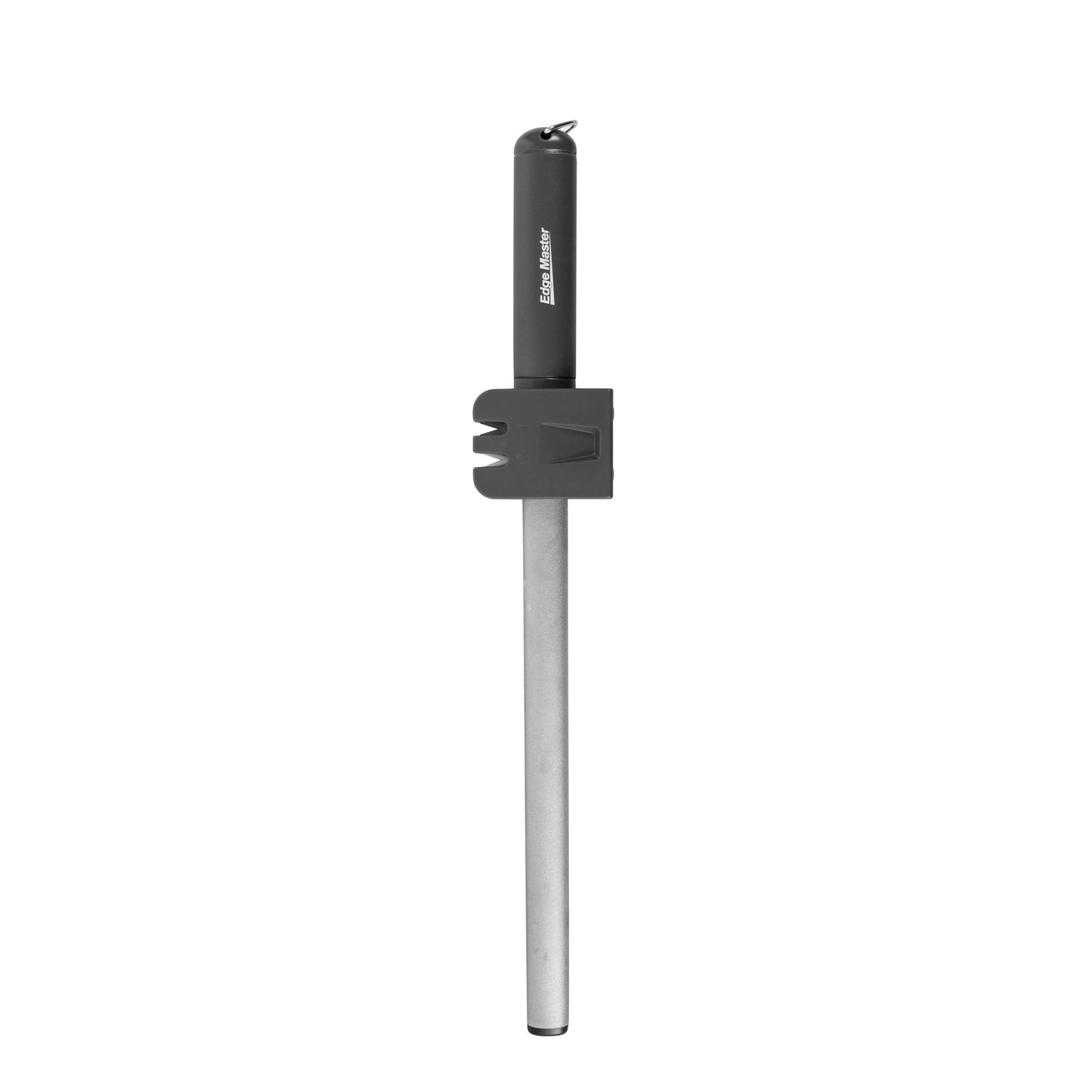Diamond sharpening steel with black sheath-style handle and protective guard