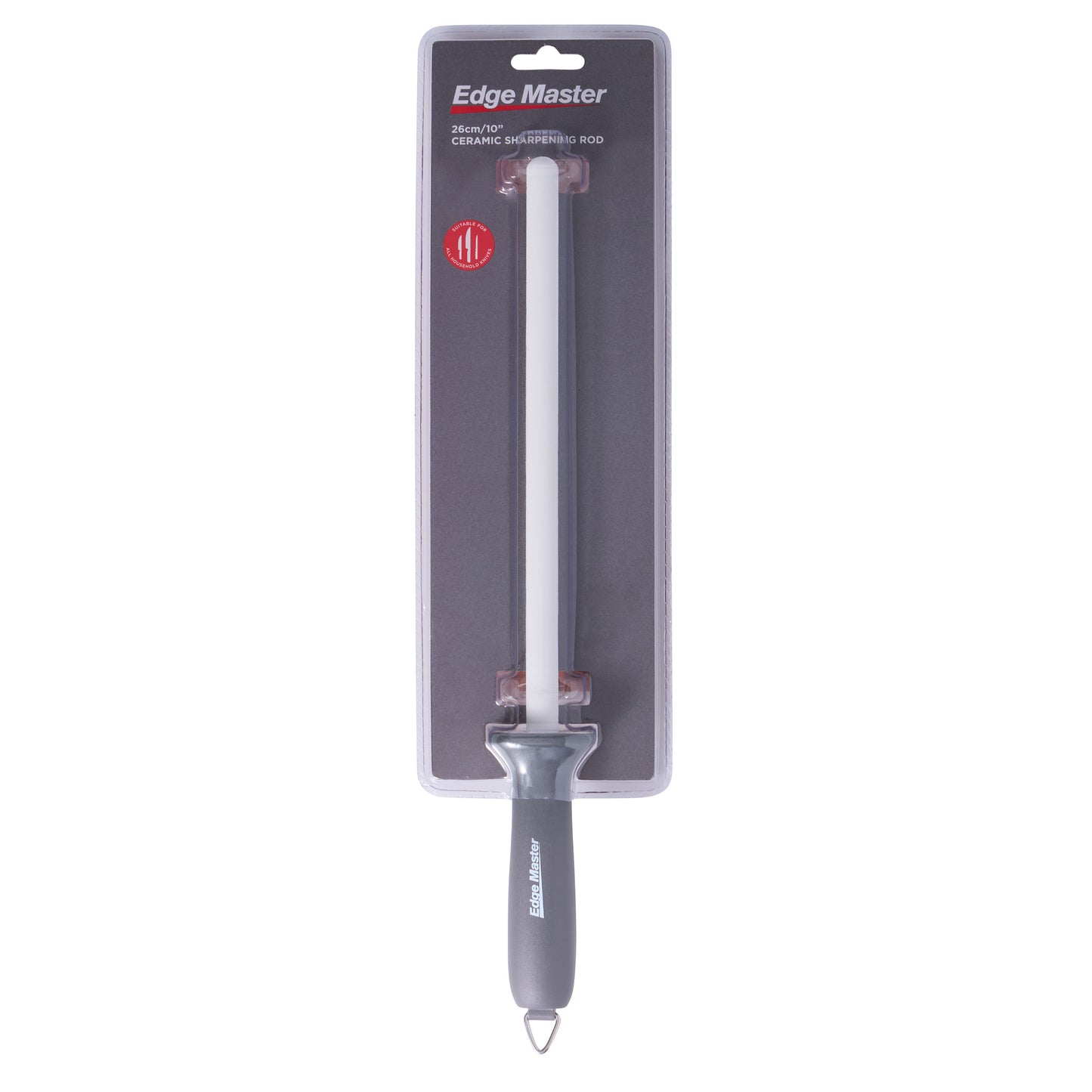 Ceramic sharpening rod with dark handle, packaged in retail blister