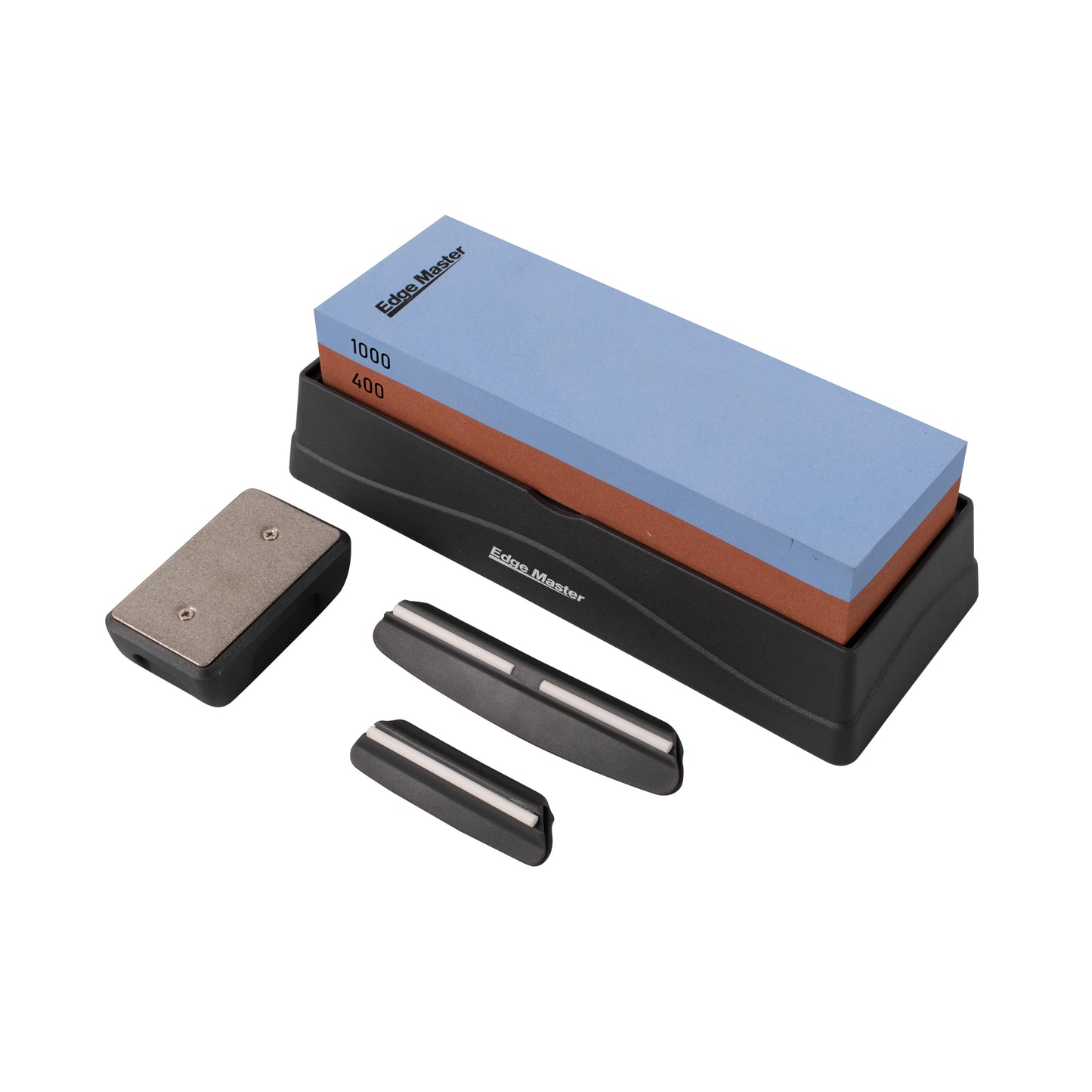 Knife sharpening whetstone set with blue stone block, black base, and 3 guide pieces
