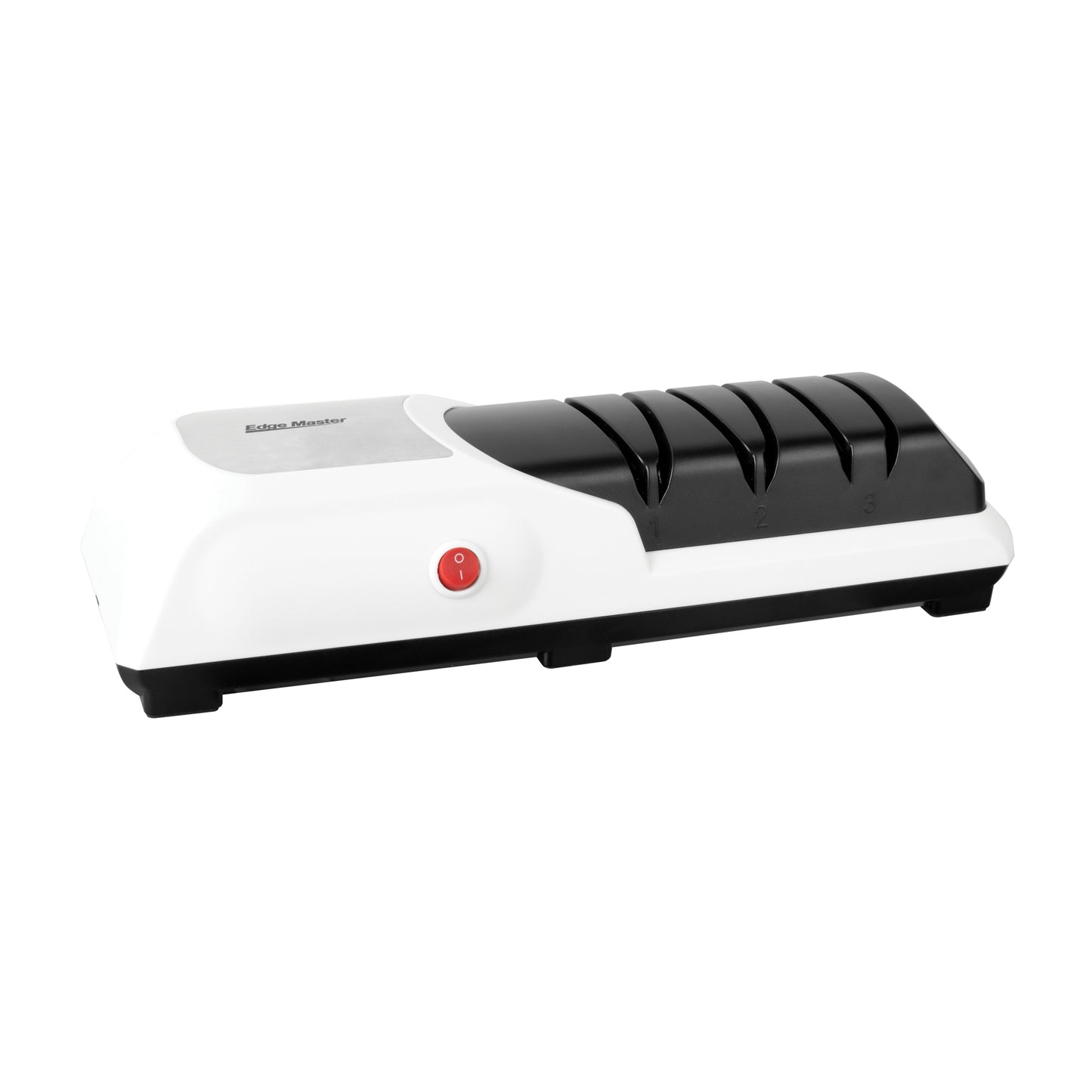 3-stage electric rechargeable knife sharpener with black slot top and red button