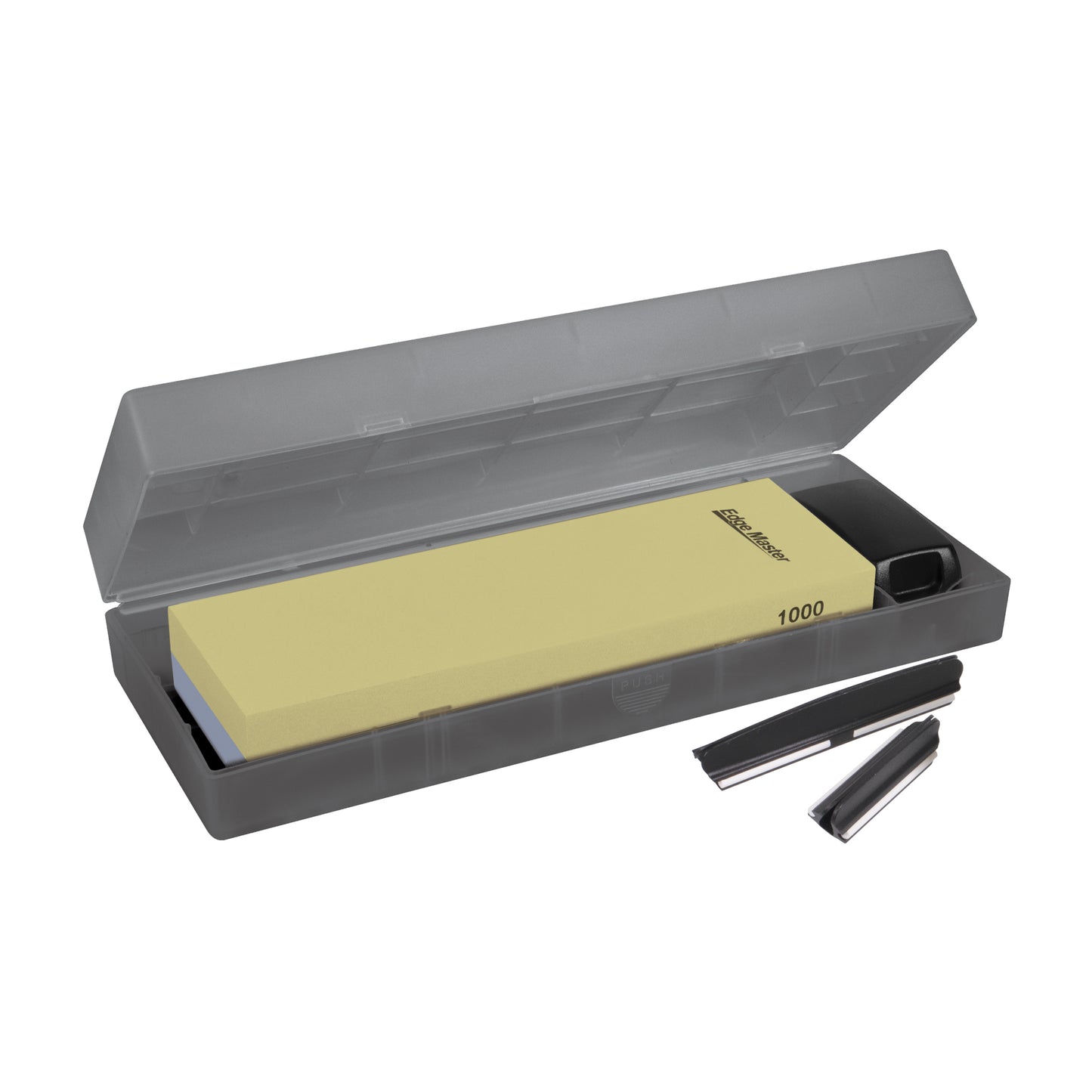 Corundum whetstone sharpening kit with yellow 1000-grit stone, dark case, and metal guides
