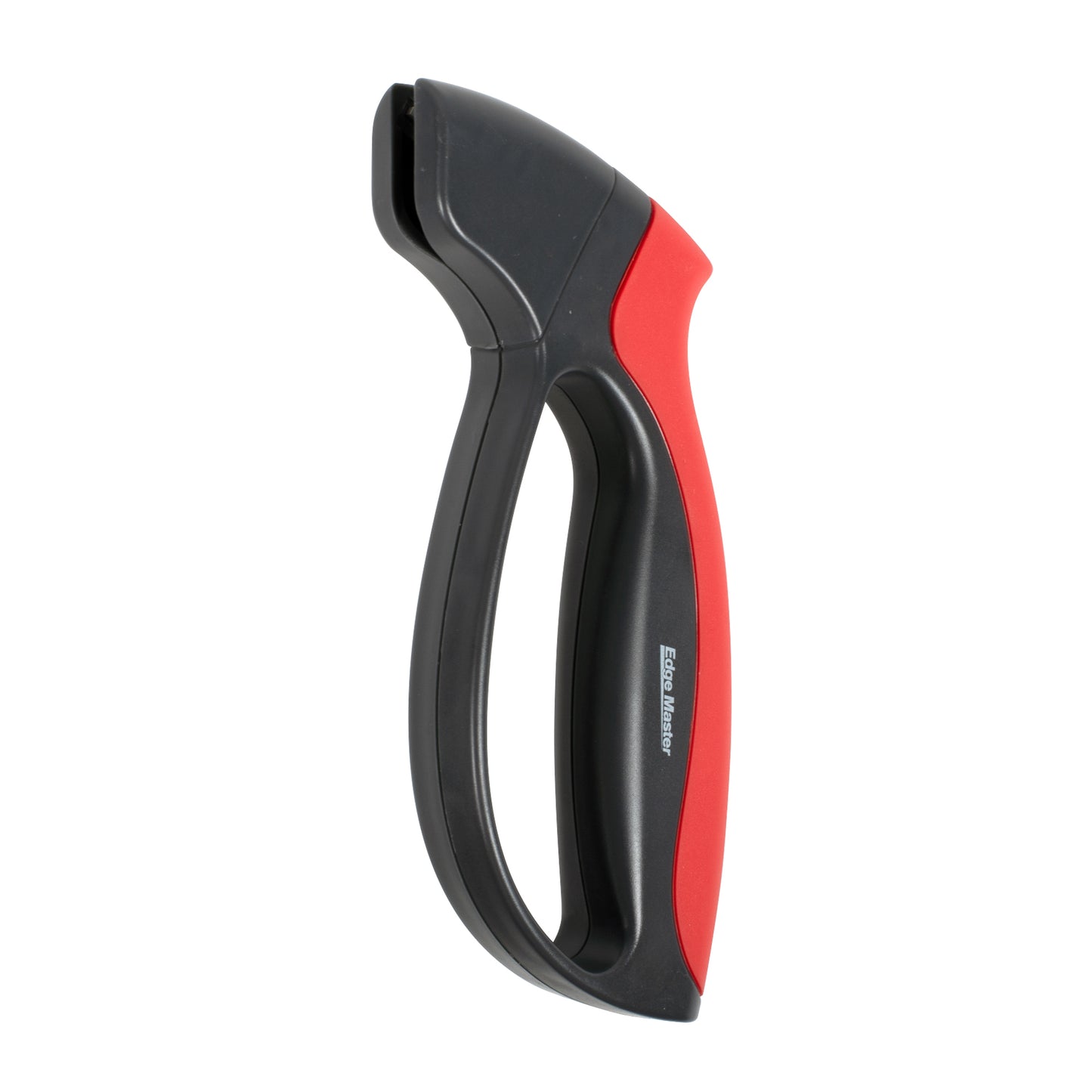 Compact knife and tool sharpener with dark red and black grip and finger loop