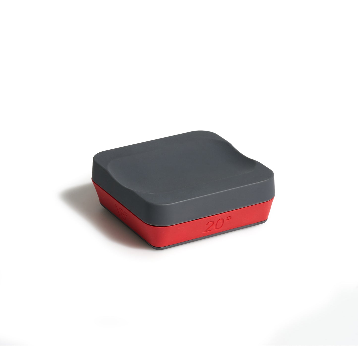 Roller knife sharpener base with red underside panel and dark gray top