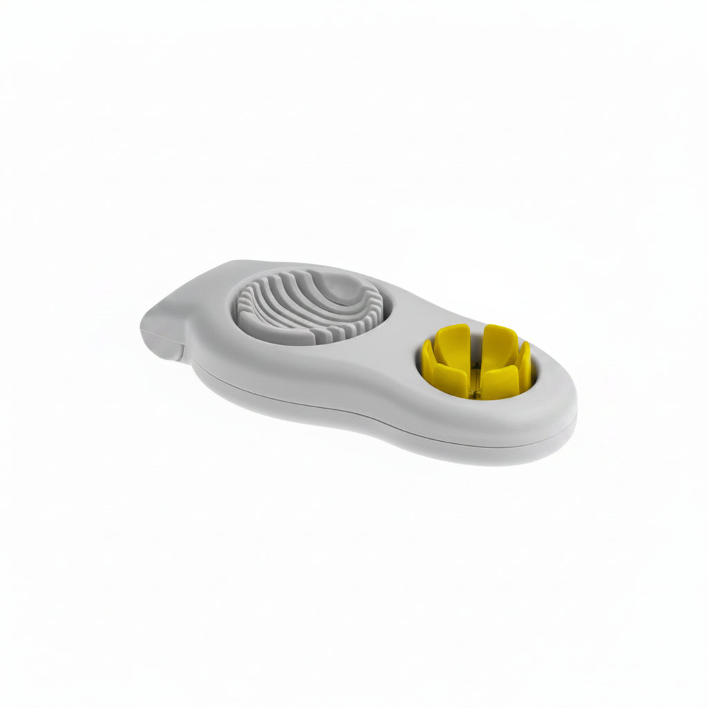 Handheld 3-in-1 egg slicer with gray body and yellow egg holder
