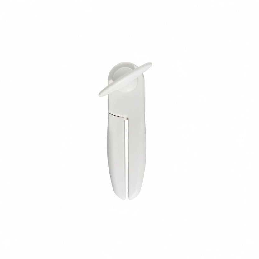 White kitchen tool with a curved blade on a white background