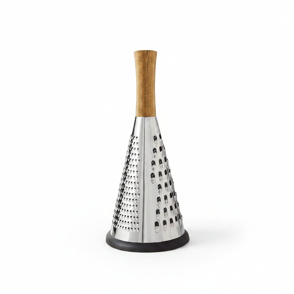 Conical metal grater with wooden handle and perforated cheese-grating surface