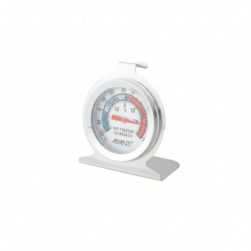 Analog refrigerator thermometer with circular dial, red/blue scale, white clip mount