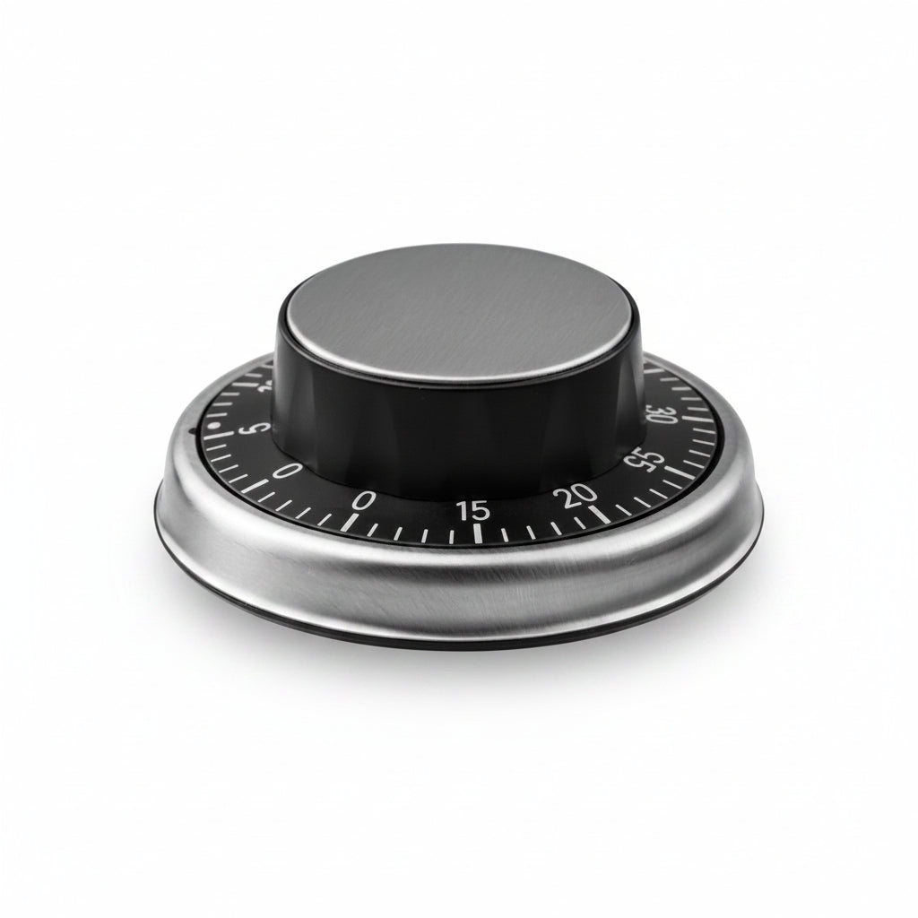 Mechanical kitchen timer with grey top and black dial, silver base