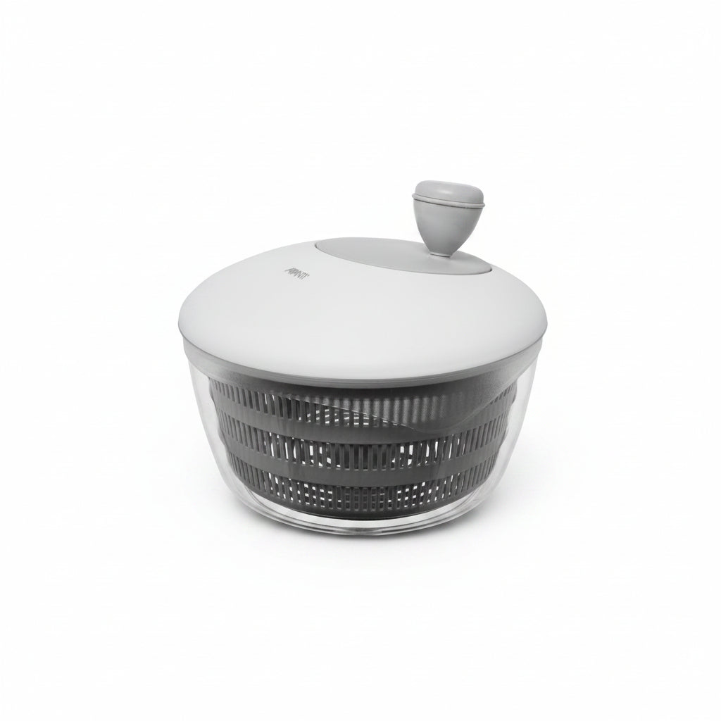 White salad spinner with clear bowl, perforated basket, and hinged lid with knob