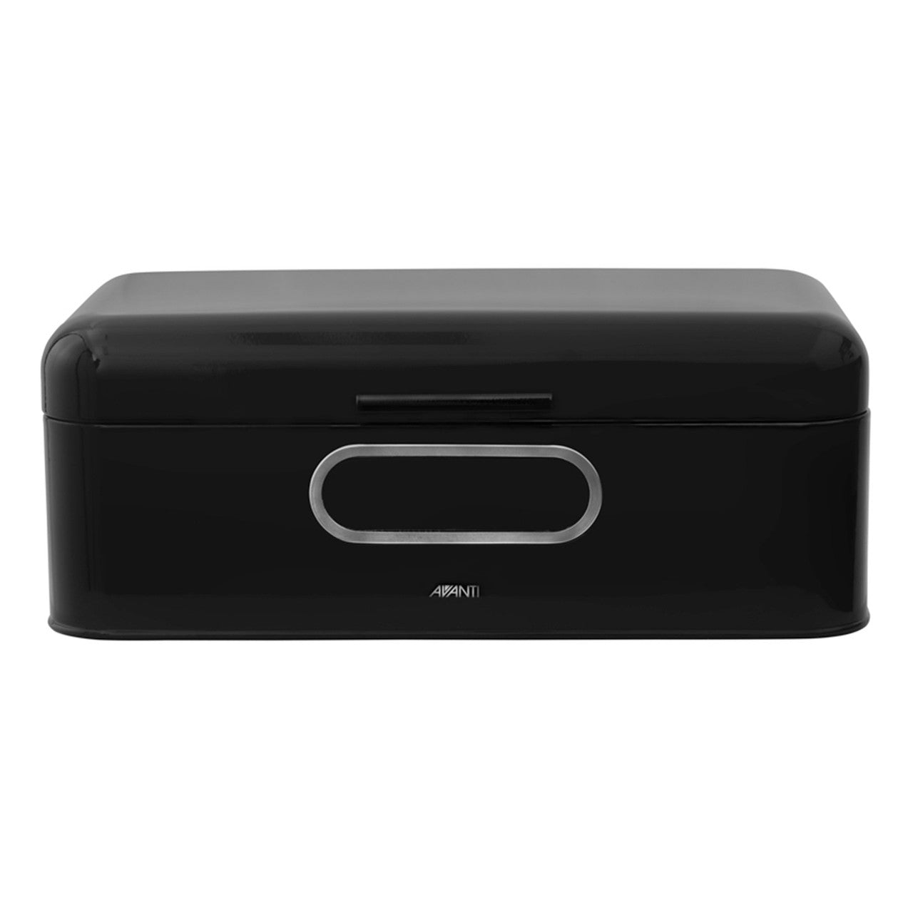 Black retro bread bin with front handle and top latch