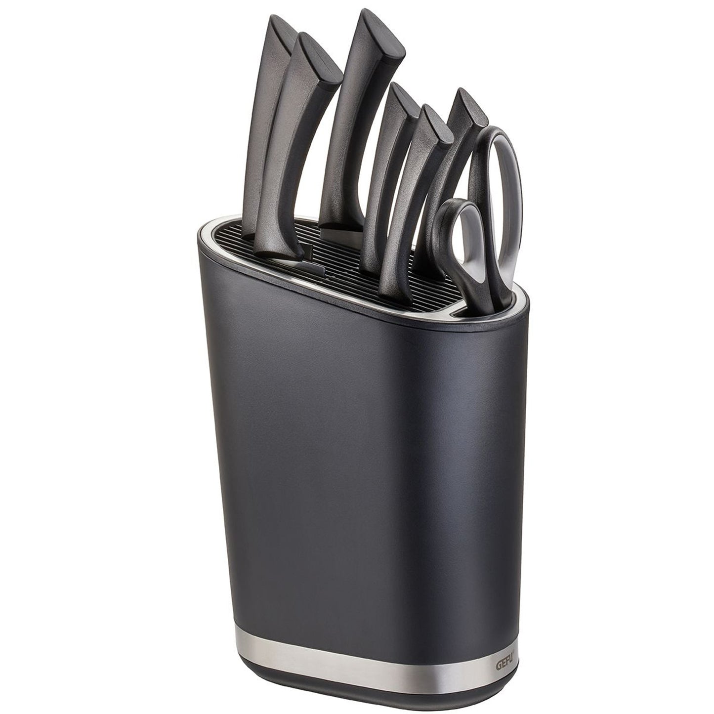 SMARTLINE knife block with five upright knives in a black countertop stand