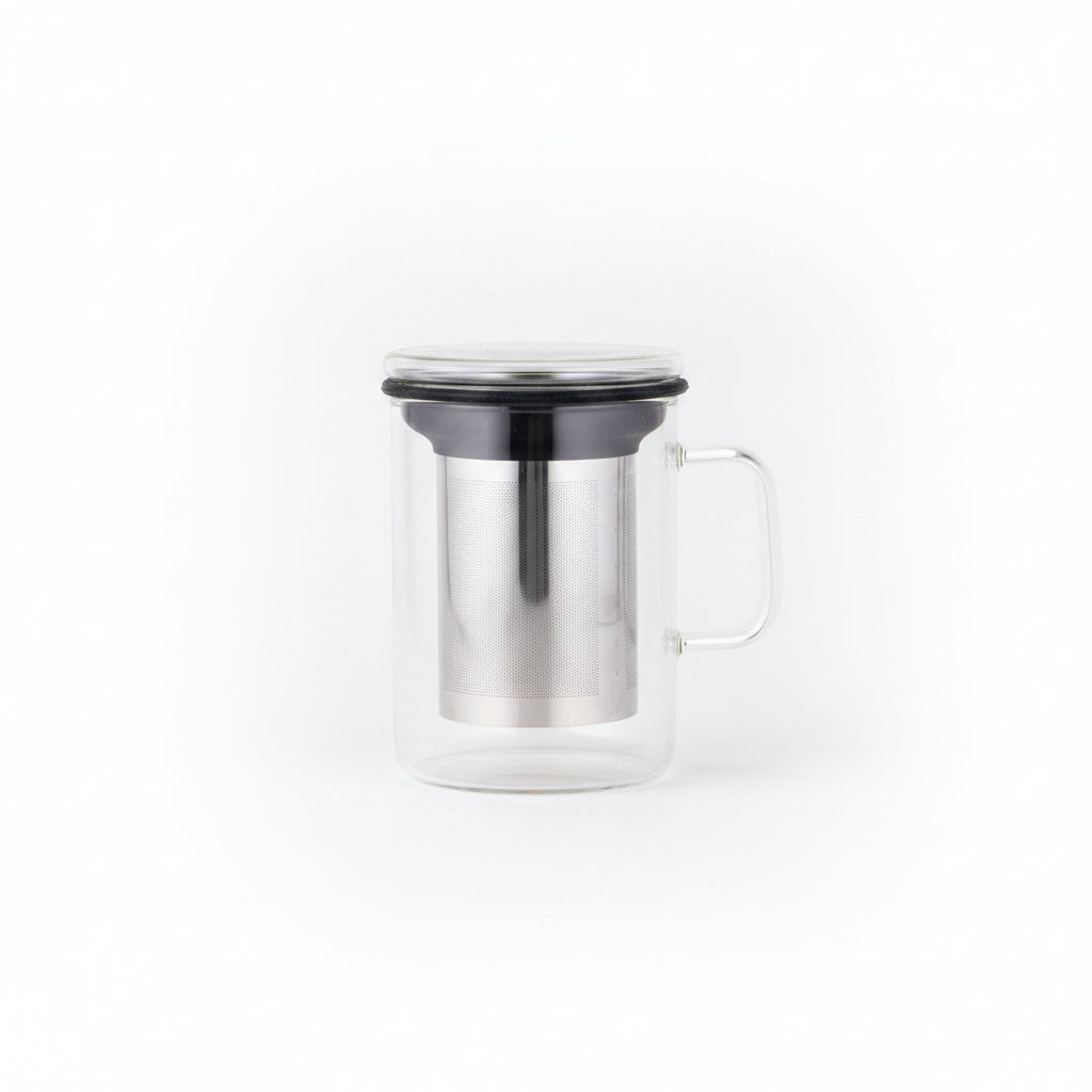 Infuser tea mug with black lid, stainless-steel mesh insert and handle