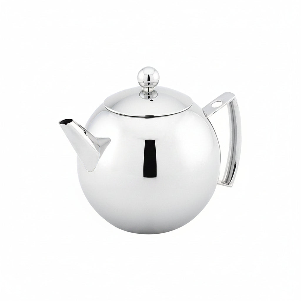 Mondo stainless steel teapot with lid knob, curved spout and side handle