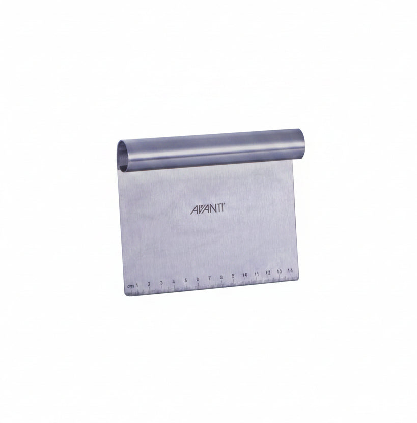 Stainless steel dough scraper with rolled metal handle and measurement markings
