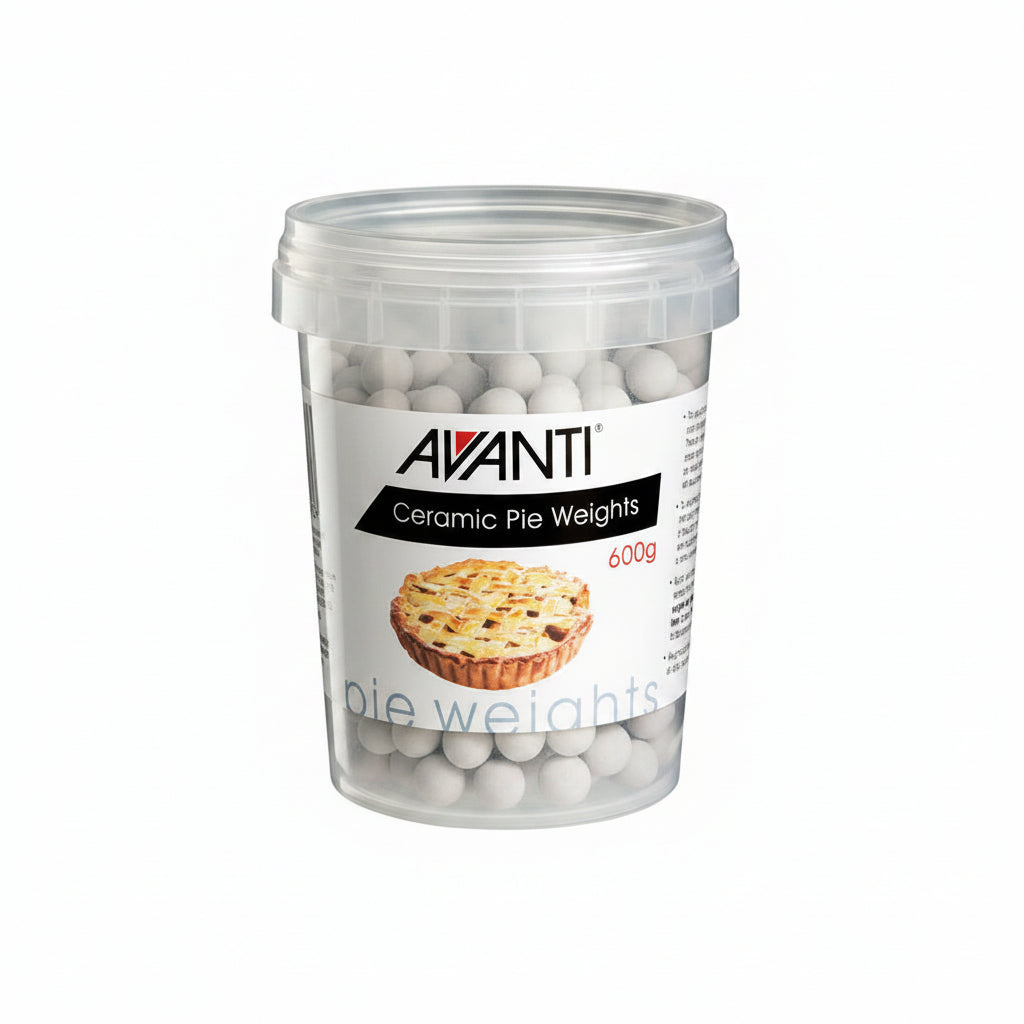 Clear container of Avanti ceramic pie weights with a white background