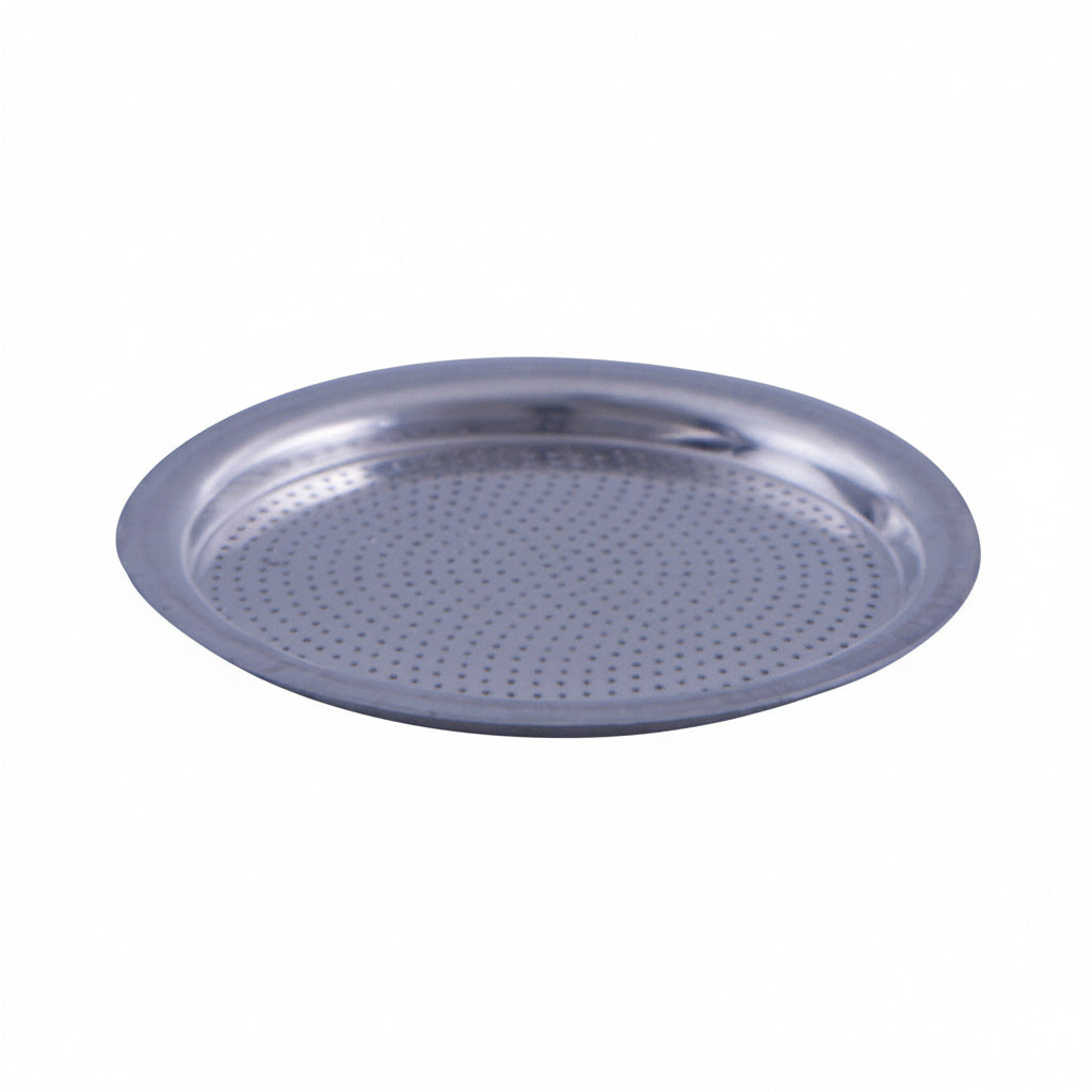 Stainless steel pizza pan with perforated design on a white background
