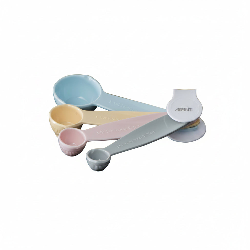 Ribbed melamine measuring spoon set with pastel blue, beige, pink, and gray scoops
