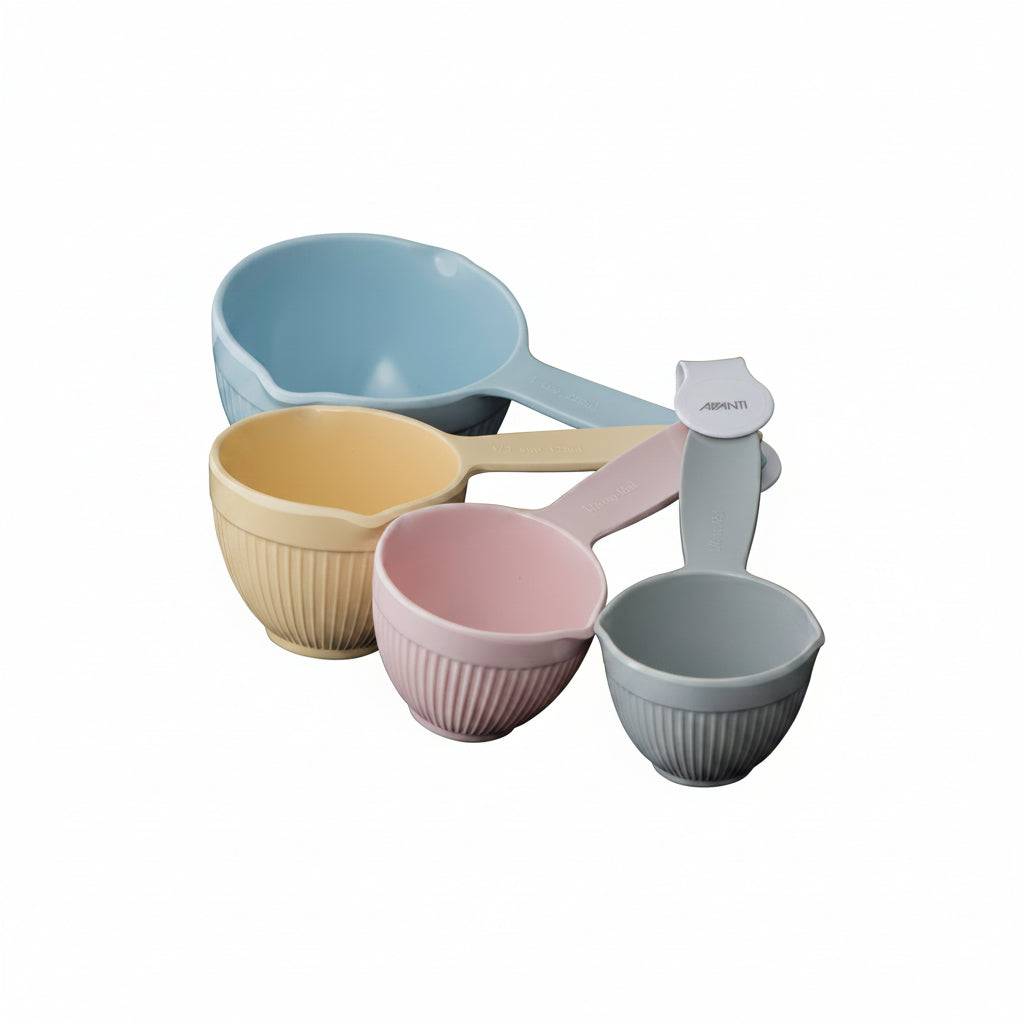 Ribbed melamine measuring cups set in blue, beige, pink, and gray