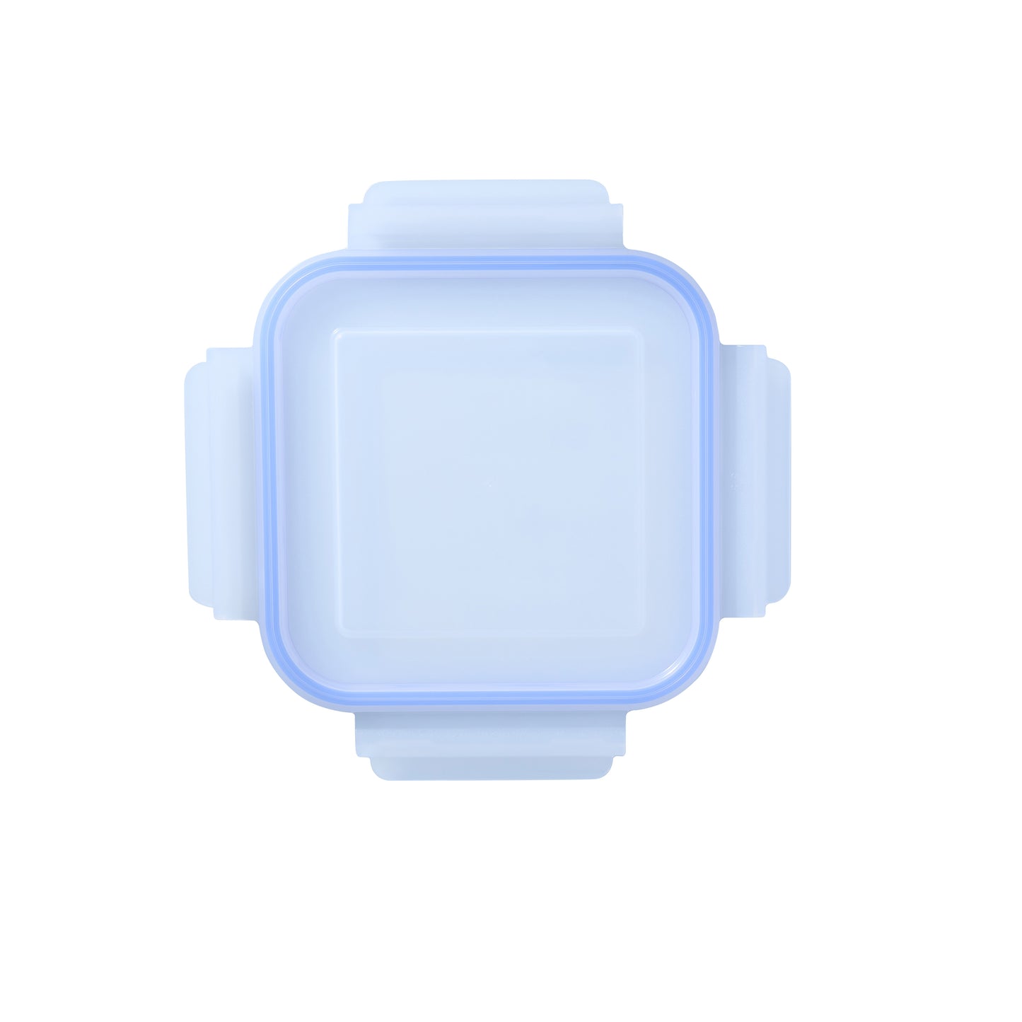 Square storage container lid with latch tabs and light blue translucent frame