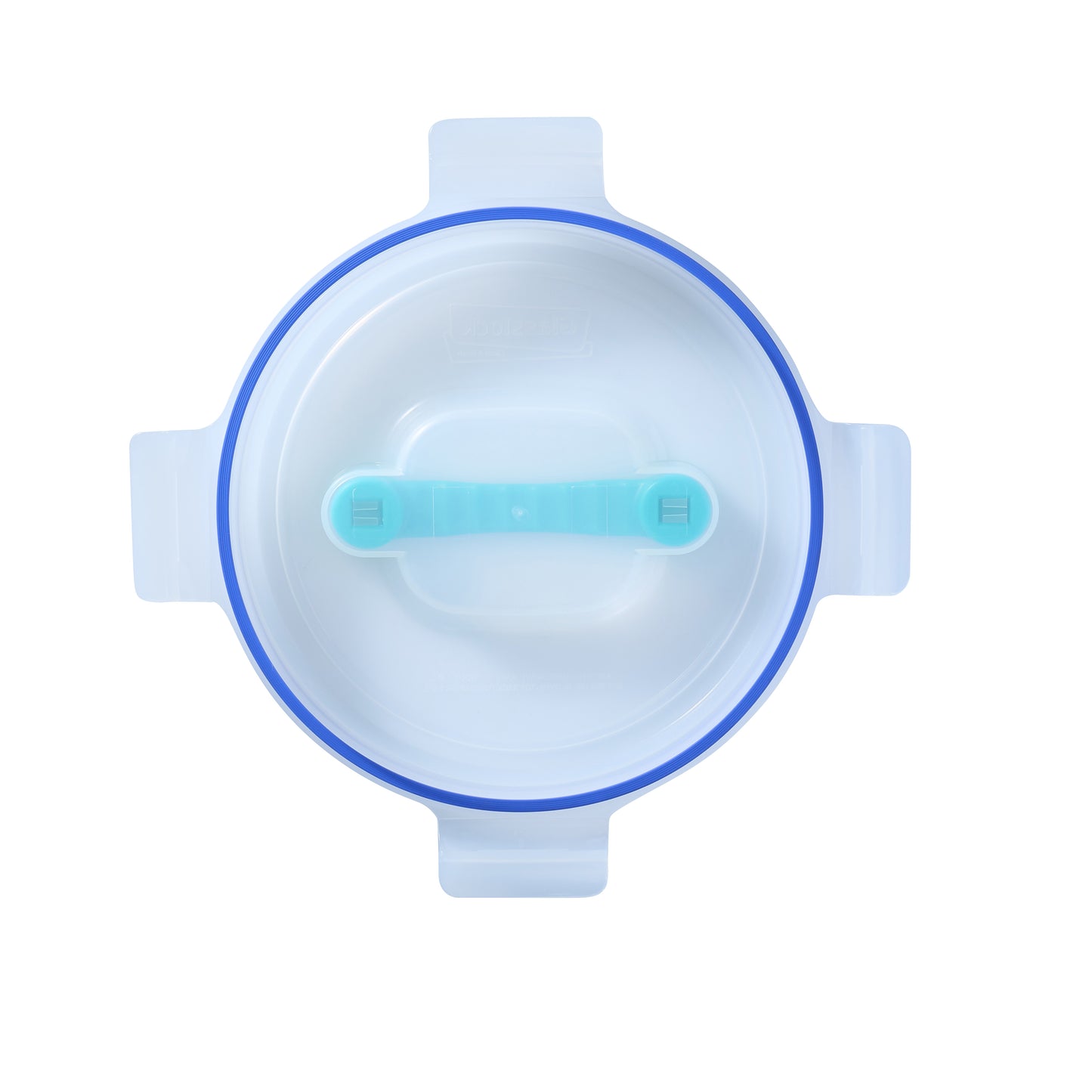 Blue round food replacement lid with teal locking bar and blue rim