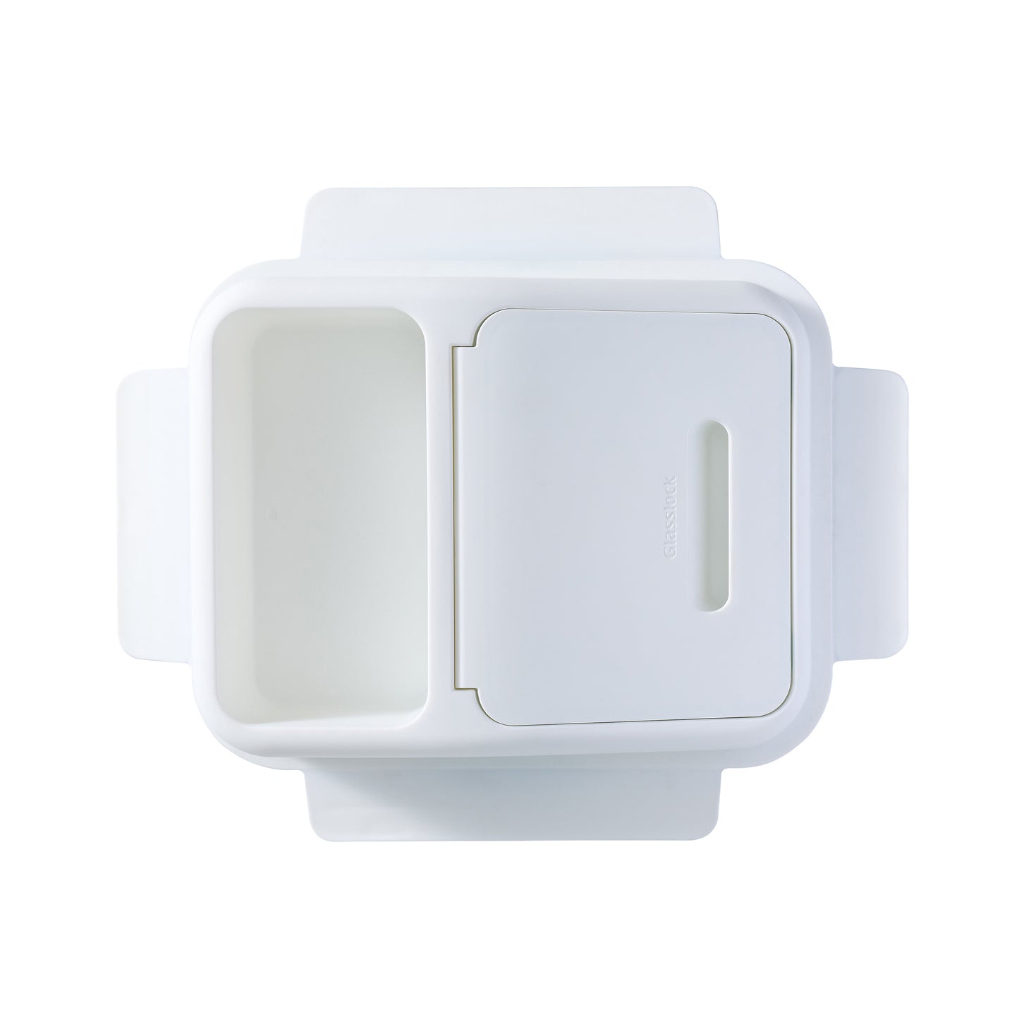 White replacement storage container lid with handle tabs and side vent slot