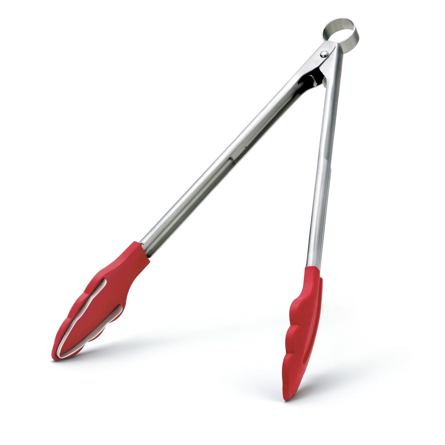 Red silicone-tipped cooking tongs with grip teeth and stainless steel handles