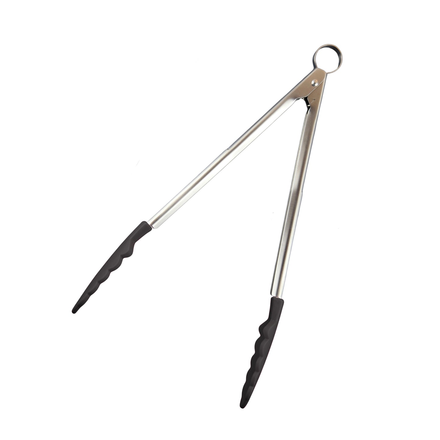 Black silicone tongs with stainless-steel handles and two black silicone grips