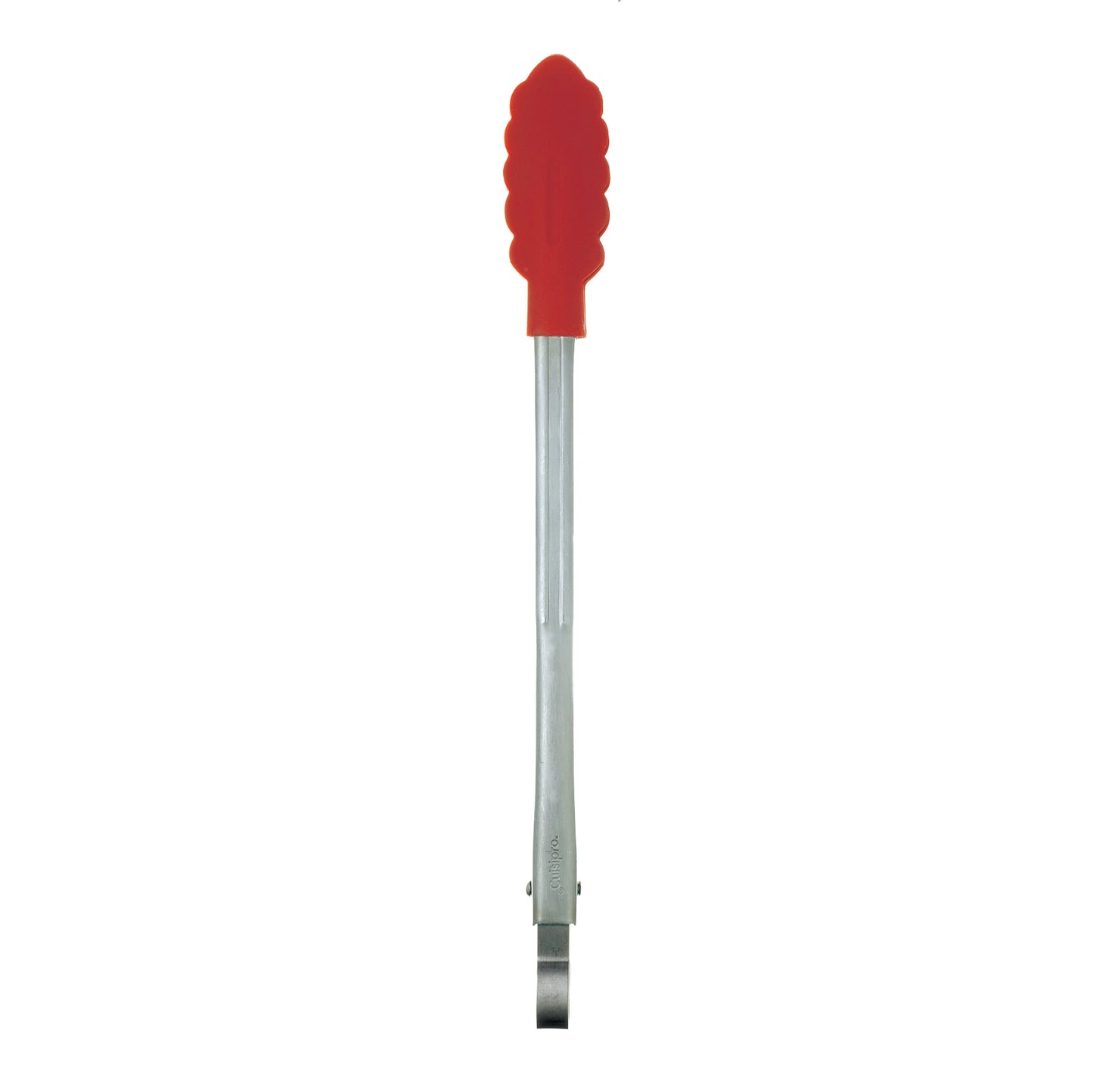 Red silicone tong head with scalloped grip tips on metal hinged handle