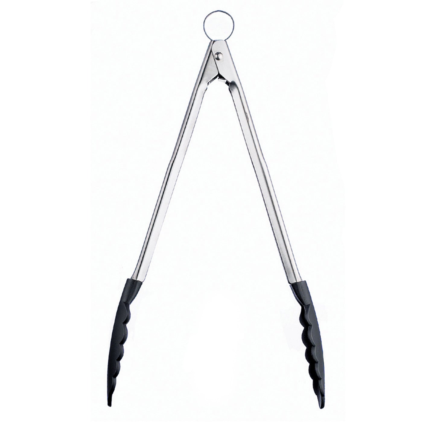 Black nylon tongs with long metal arms and curled scalloped ends