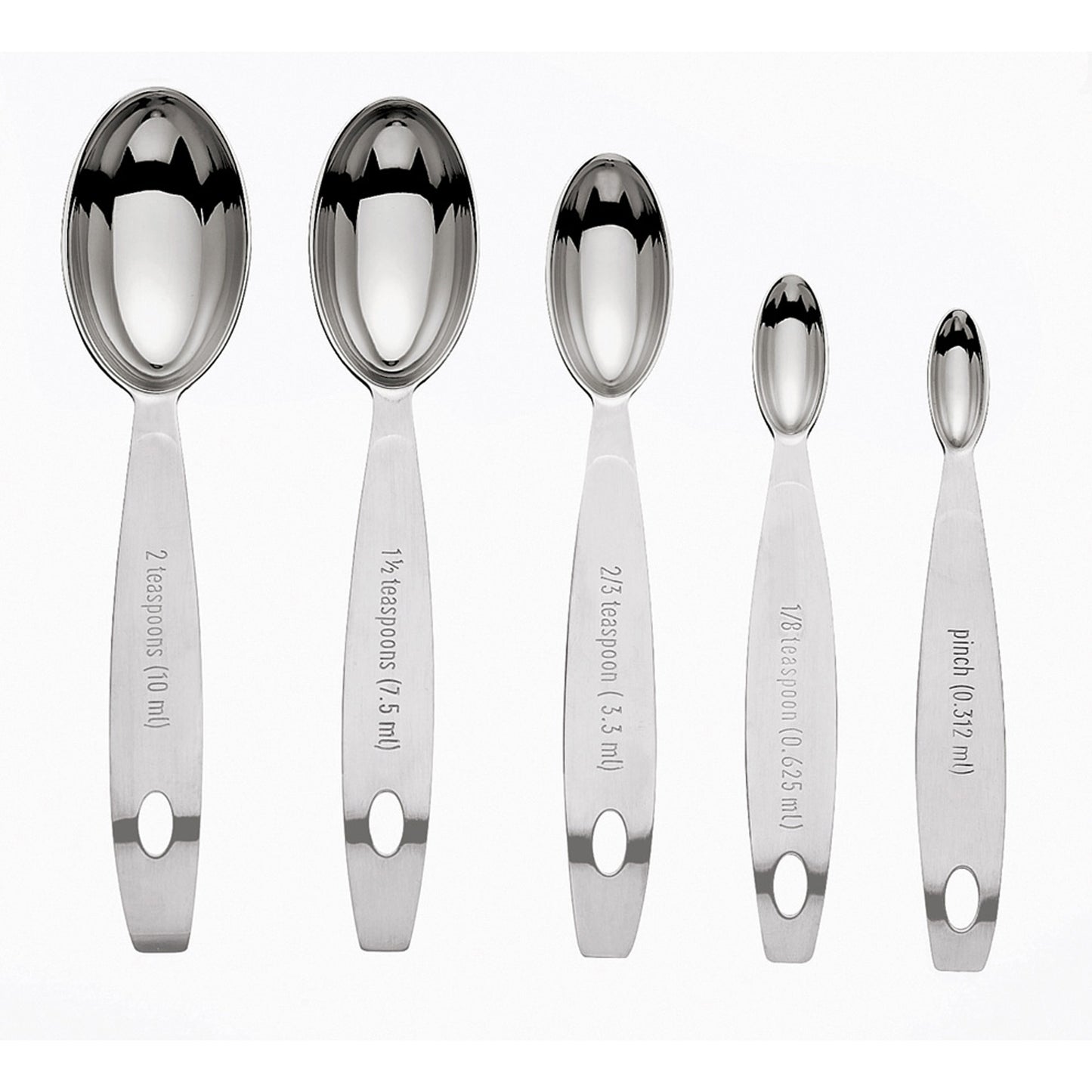Stainless steel measuring spoons set with engraved volume markings on handles