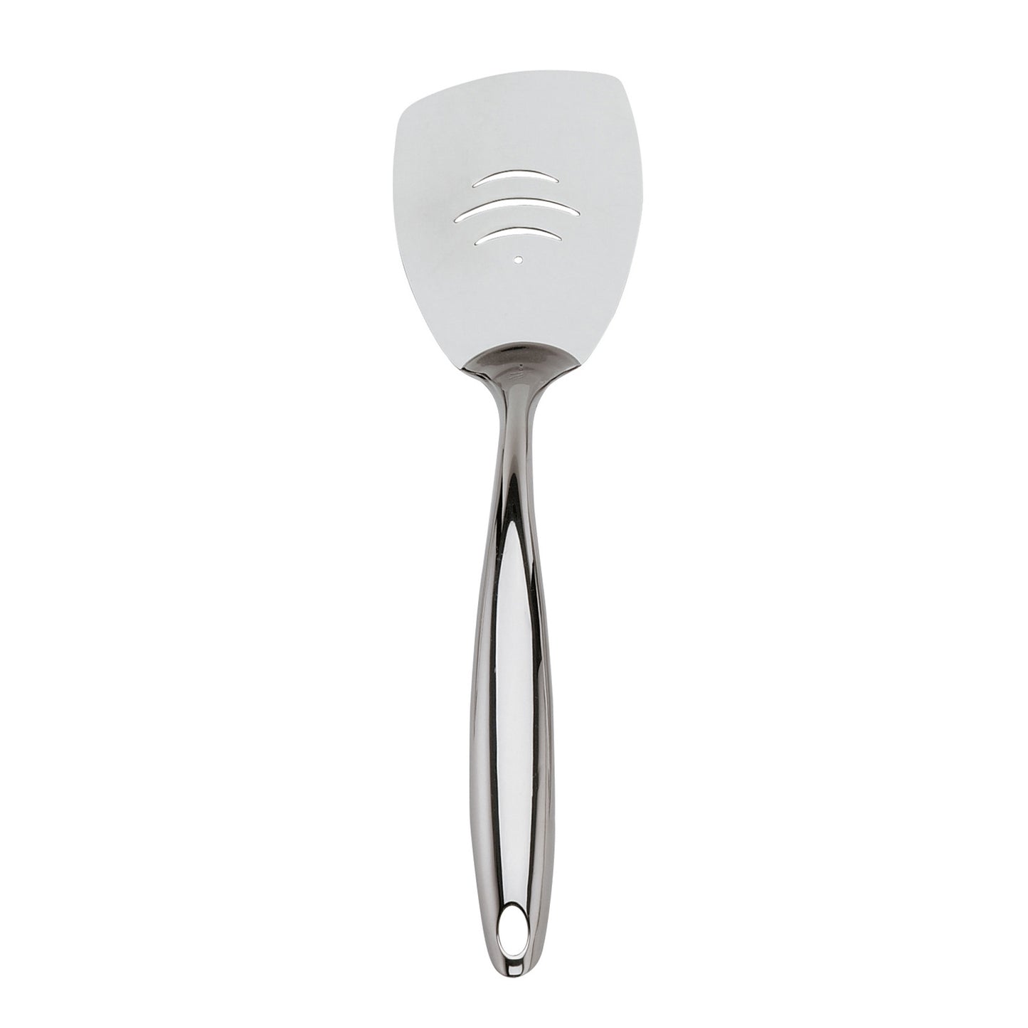 Stainless steel slotted turner spatula with arched, perforated head
