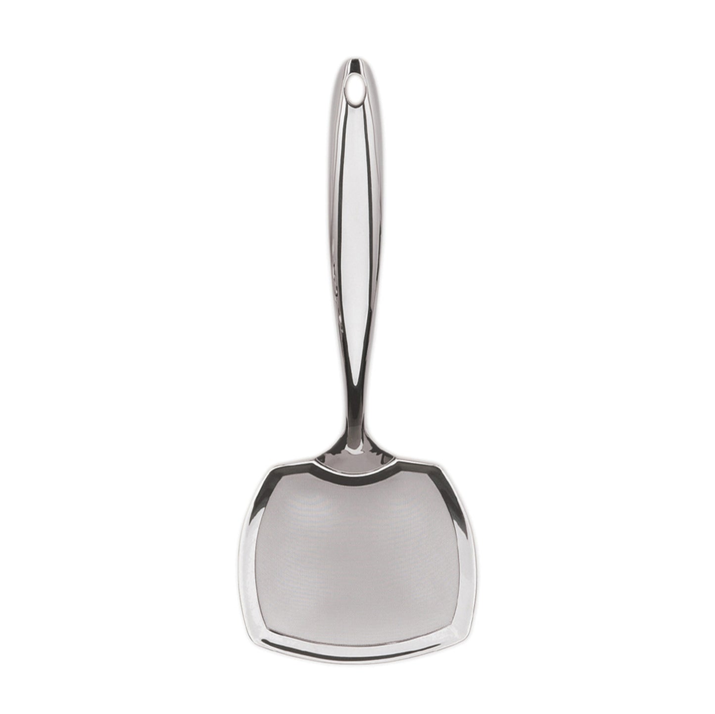 Stainless steel mesh skimmer with long handle and flat scooping head
