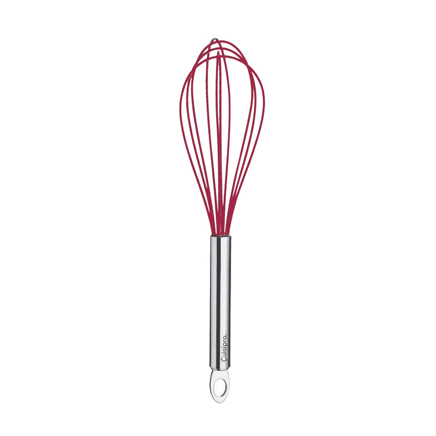 Red silicone egg whisk with stainless handle, full whisk head and hanging loop