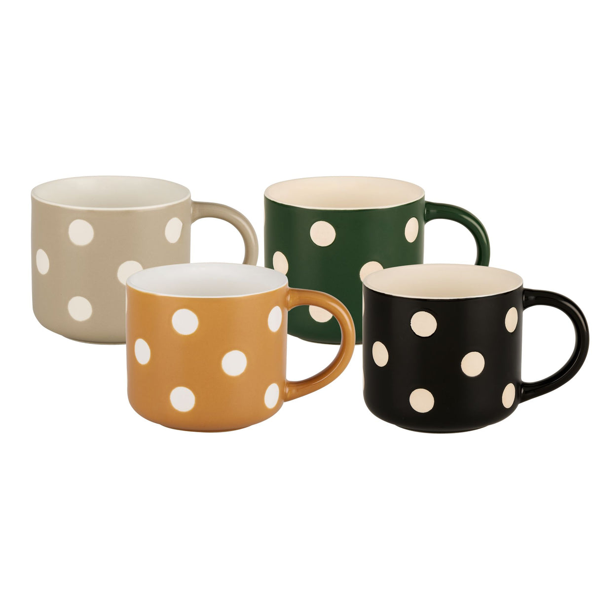 Demi mug set with white polka dots in beige, green, orange, and black
