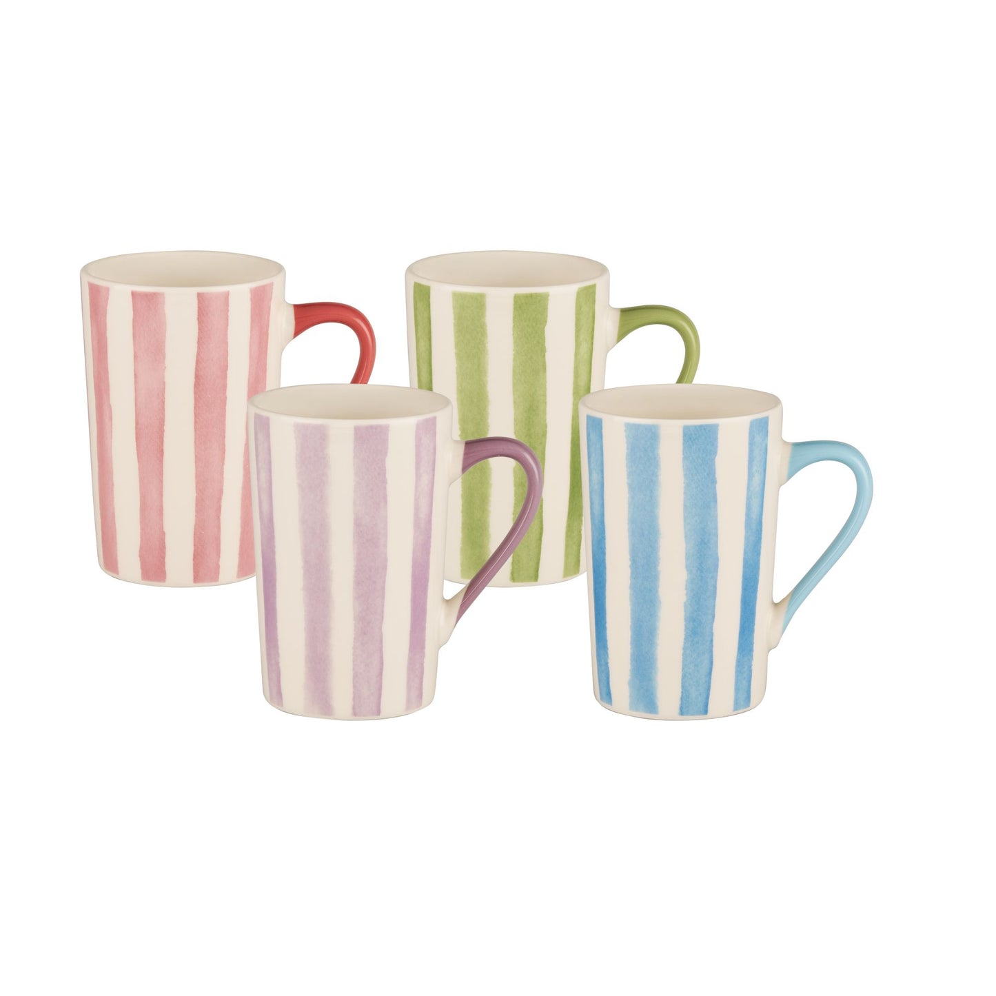 Pastel watercolor striped mug set of four, vertical pink, green, purple, and blue