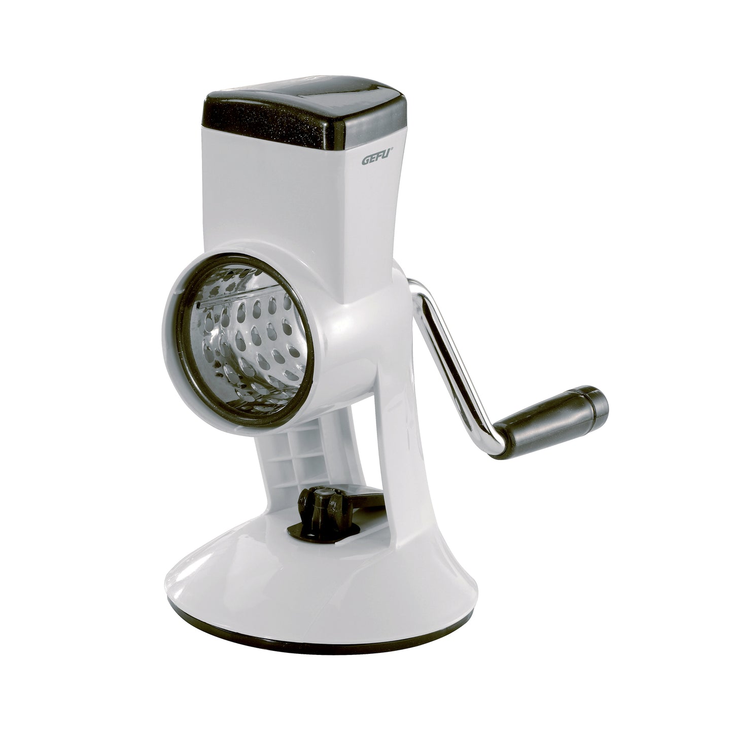 FRACINA universal mill grater with round stainless grating drum and side handle, white body