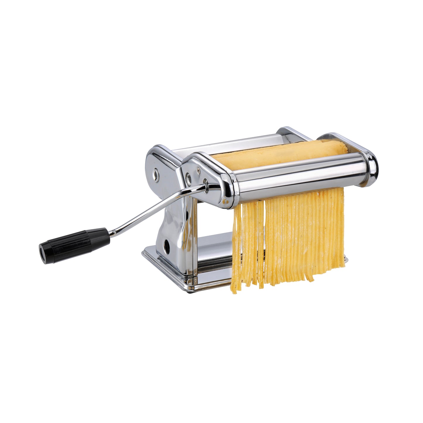 Stainless pasta machine roller with hand crank and long ribbon noodles