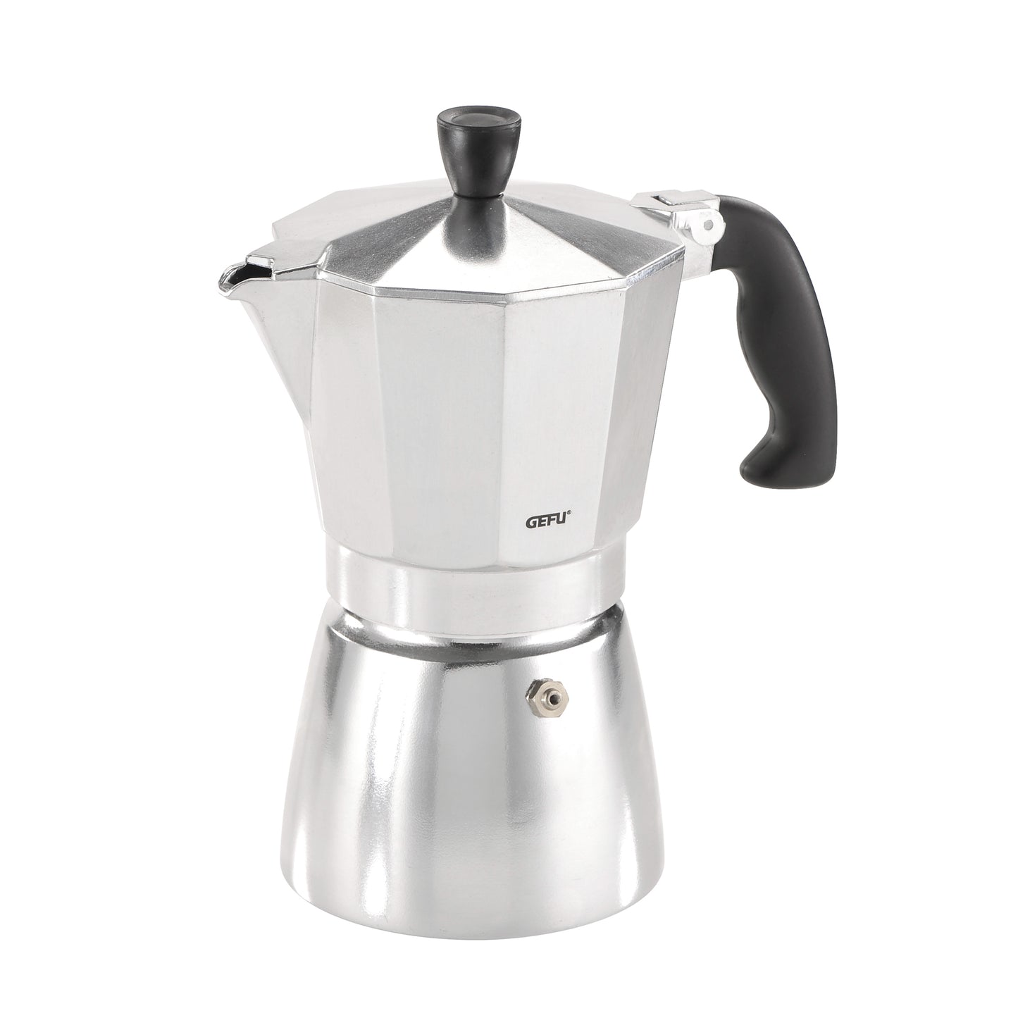 Stovetop espresso maker in stainless steel with black handle and top knob