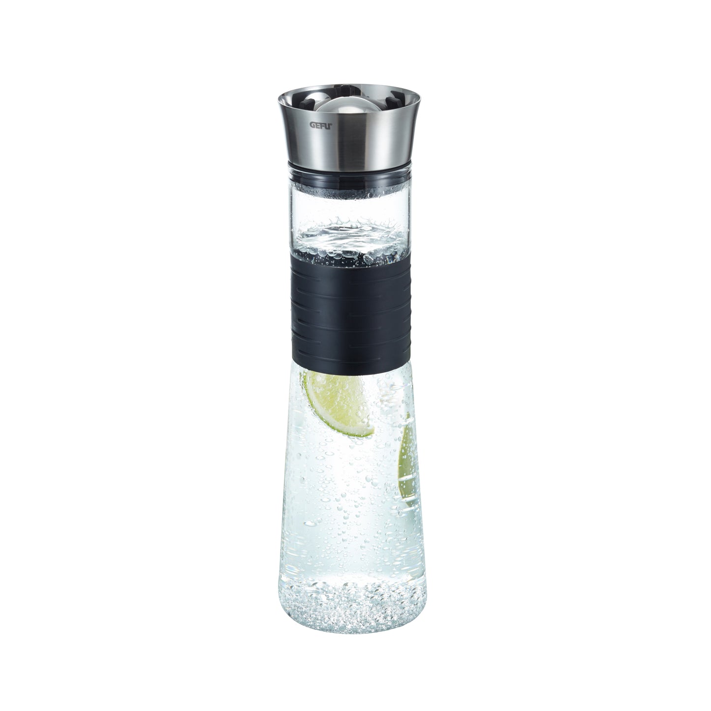 Glass decanter with stainless steel top, black band, and lime slice