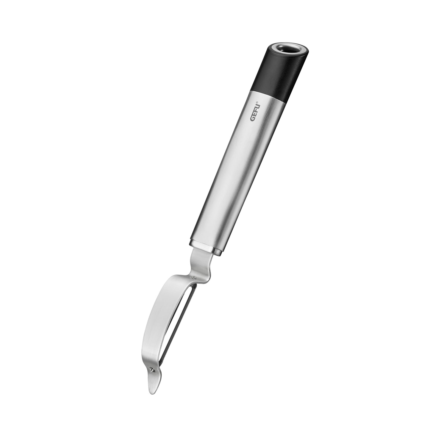 Swivel vegetable peeler with stainless blade and black handle