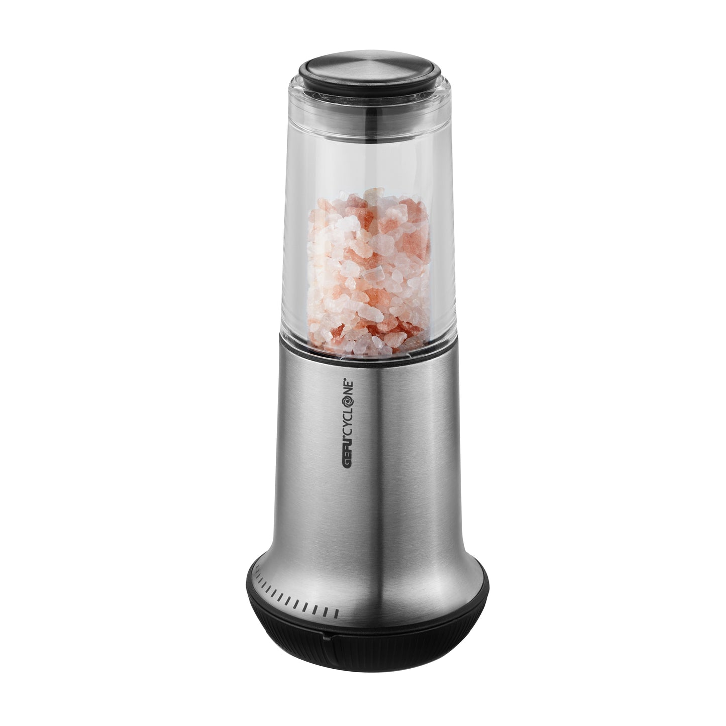 Stainless steel salt and pepper mill with clear container and pink salt crystals, side view