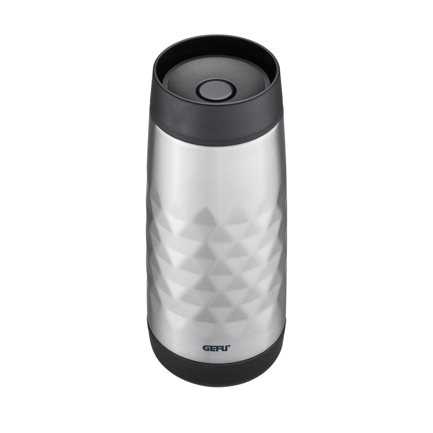 Silver thermal mug with black lid, geometric triangle texture, and base logo