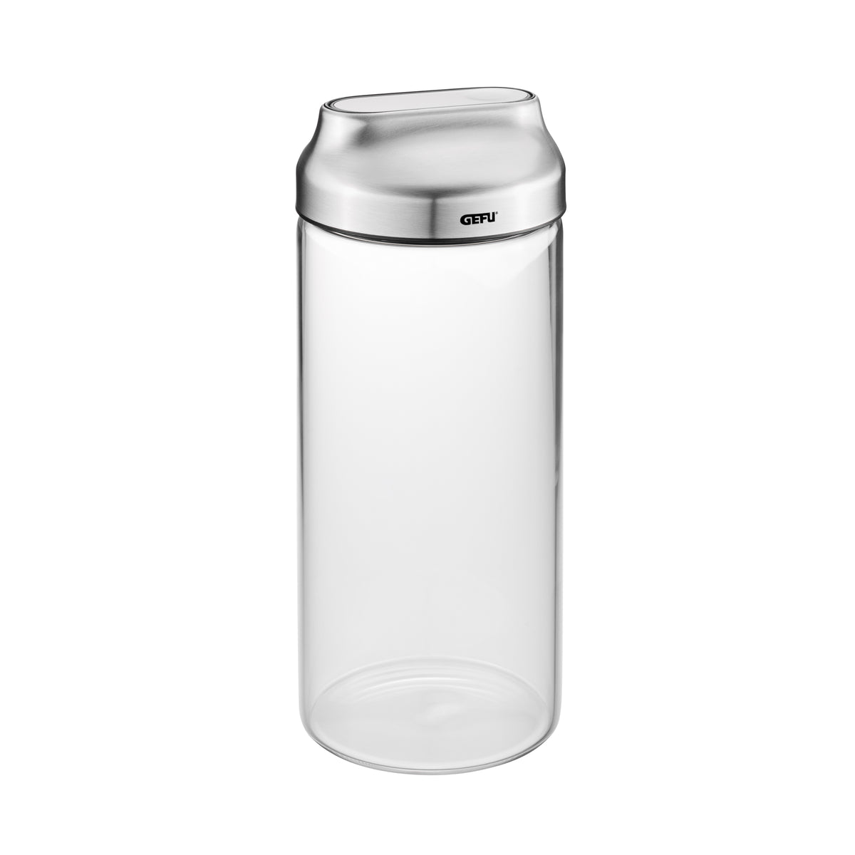 Food storage container with stainless steel lid, transparent cylindrical jar