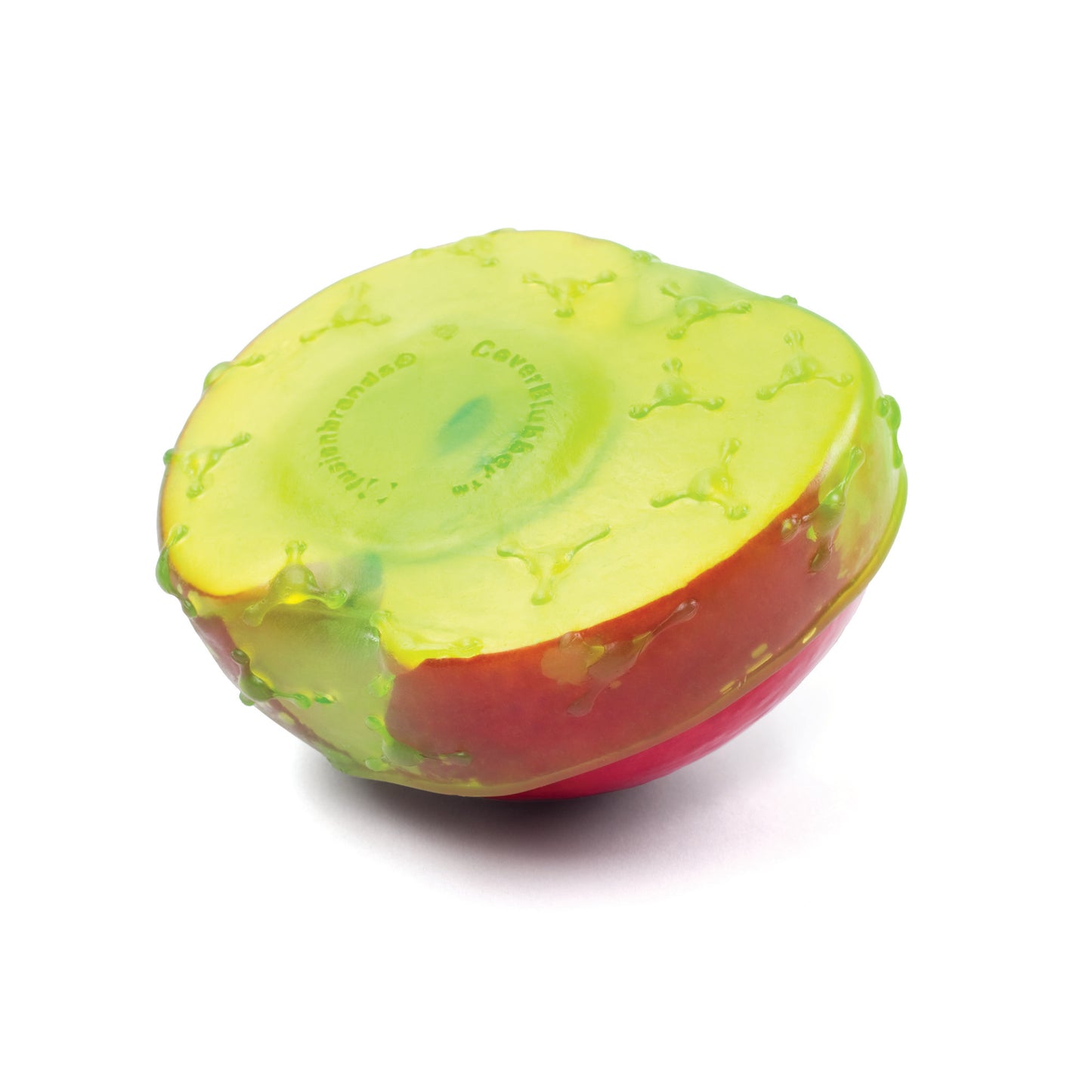 Medium silicone produce cover top view, lime green with clear rim and red underside