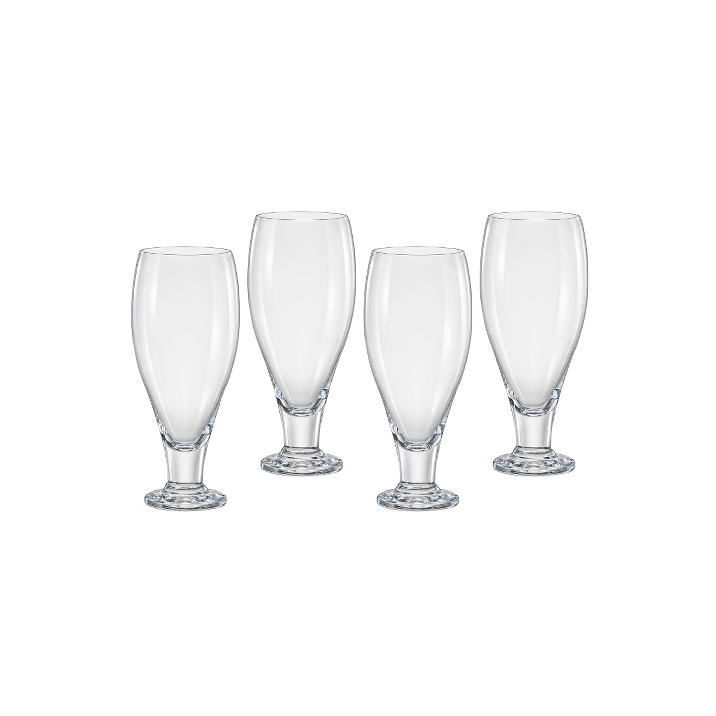 Set of four clear beer glasses with flared tulip shape and short stem bases