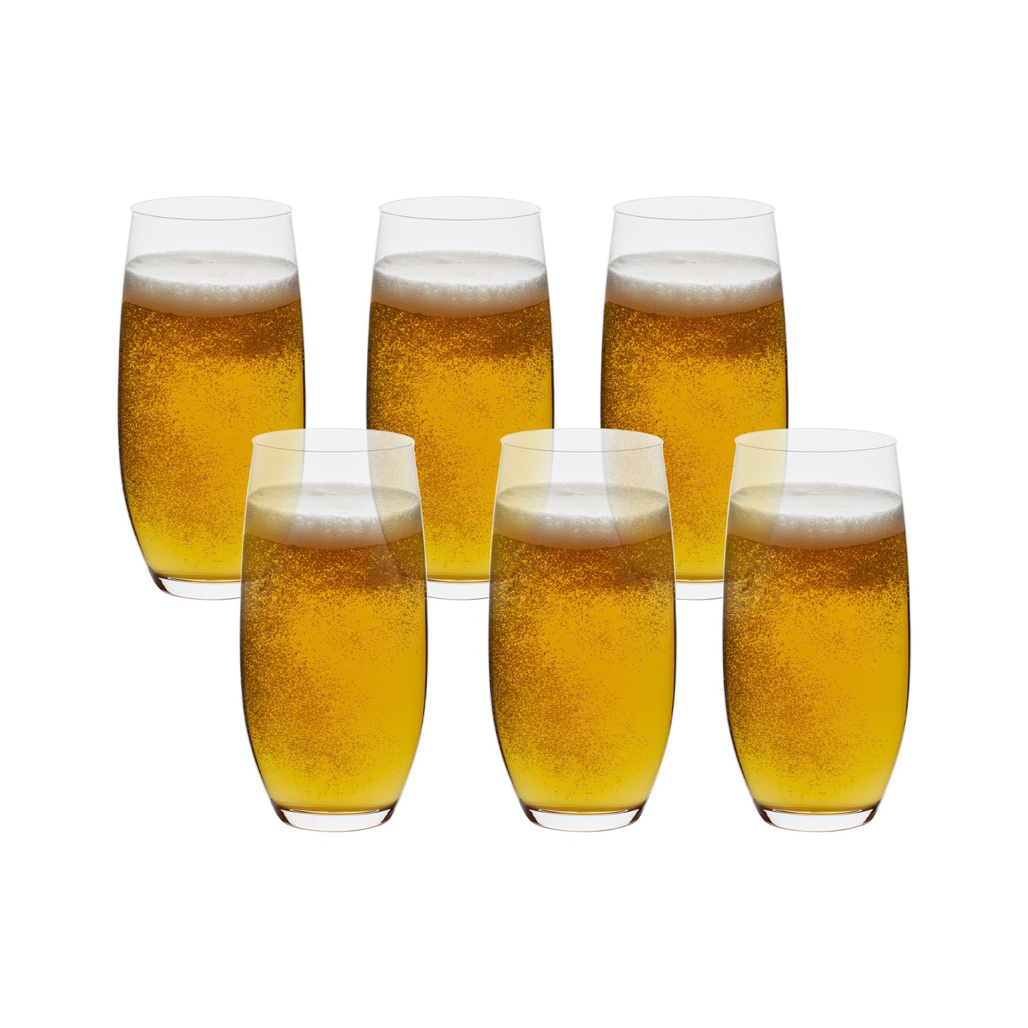 Set of 6 clear glass beer tumblers with golden liquid and foam heads, straight sides